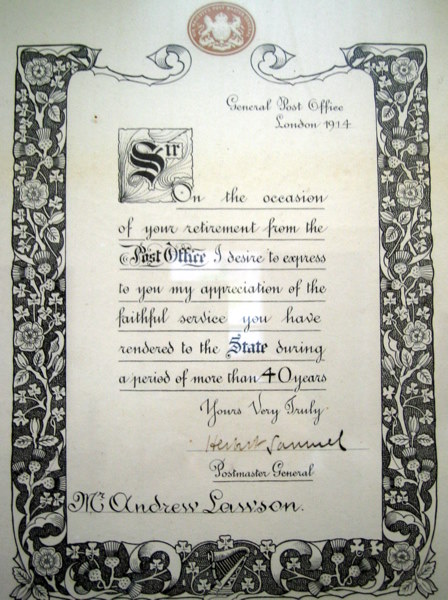 Postie Lawson's Commendation Certificate